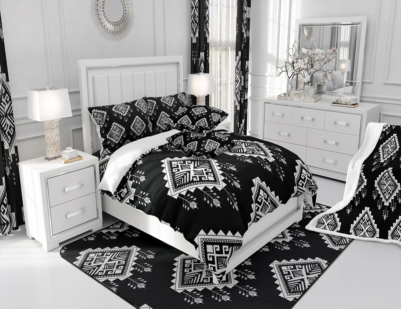 Erosebridal Western Aztec Bedding Set Exotic Tribal Mexican Bohemian Comforter Cover Black White Boho Aztec Duvet Cover for Teen Boys Adults Men Geometric Ethnic Bedspread Cover 2 Pillow Cases King