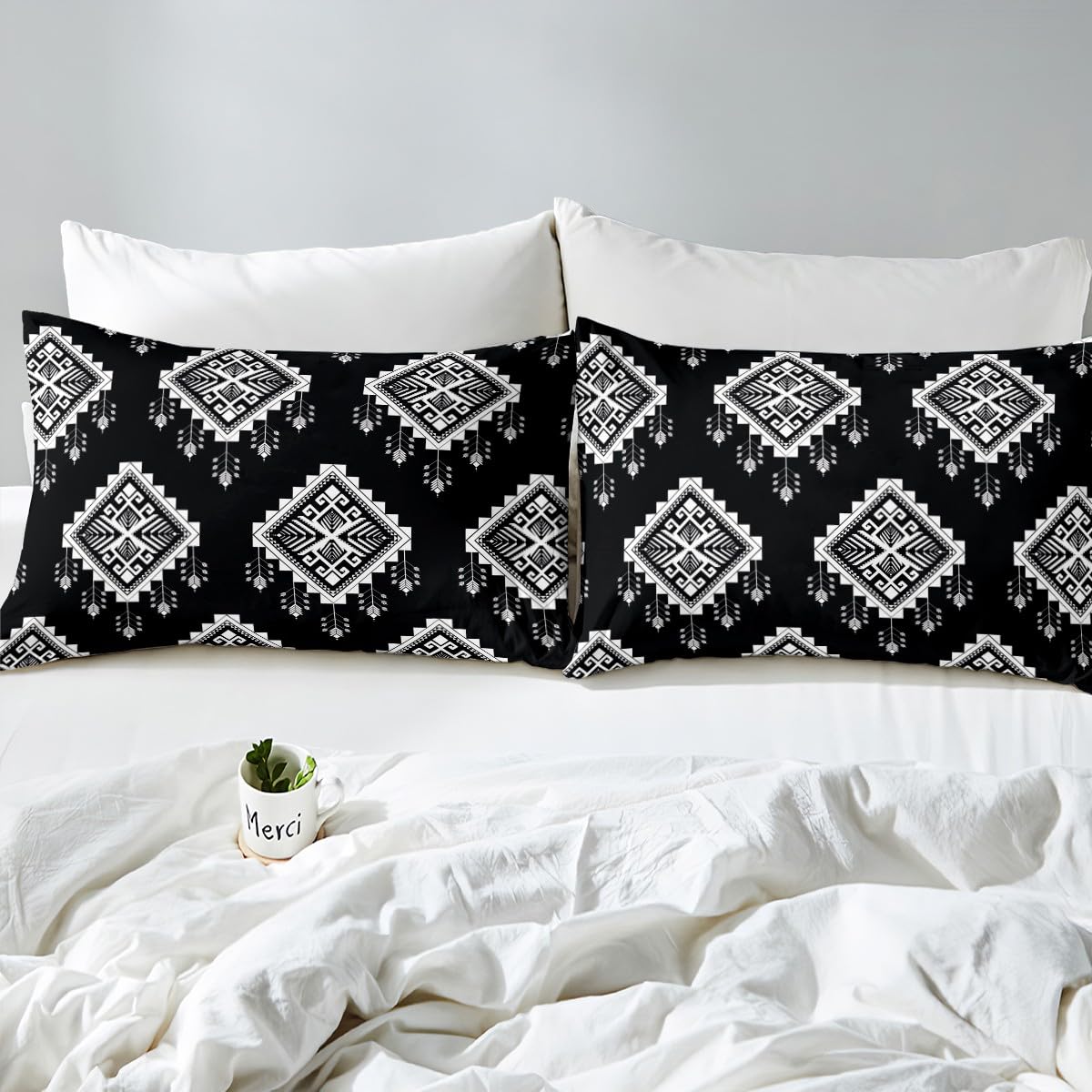 Erosebridal Western Aztec Bedding Set Exotic Tribal Mexican Bohemian Comforter Cover Black White Boho Aztec Duvet Cover for Teen Boys Adults Men Geometric Ethnic Bedspread Cover 2 Pillow Cases King