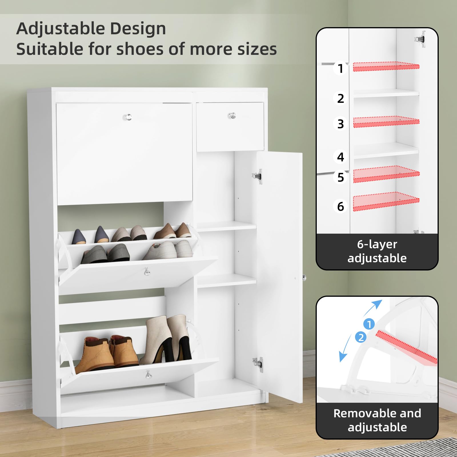 HOPUBUY White Shoe Cabinet for Entryway, Shoe Storage Cabinet for Larger Shoes, Hidden Shoe Organizer with Door, Modern Shoe Storage Cabinet for Men Women's Heels, Boots, Slippers