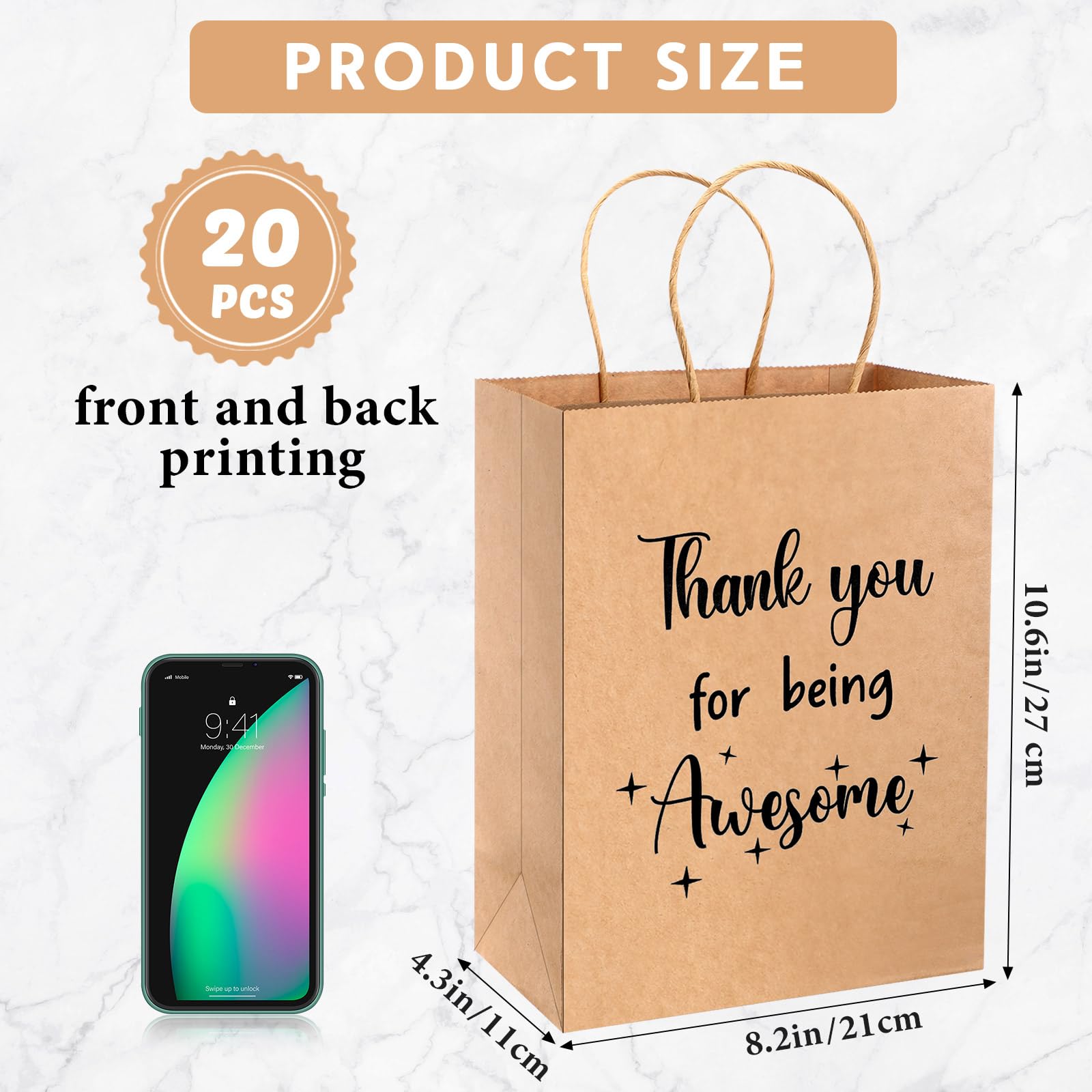 Ctosree 20 Pcs Gift Paper Bags for Employee Coworker Colleague Thank You for Being Awesome Bags with Handles Thank You Gift Bags for Colleague Employee (8.3 x 4.3 x 10.6 Inch, Kraft Paper)