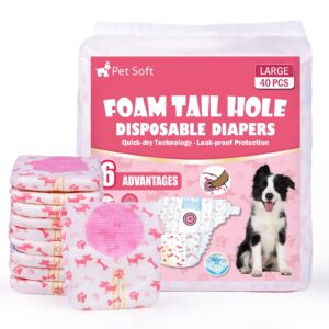 pet soft disposable dog diapers - female dog diapers with adjustable foam tail hole, ultra protection puppy & cat diapers wetness indicator for dogs in heat or incontinence, 40pcs (l,red)