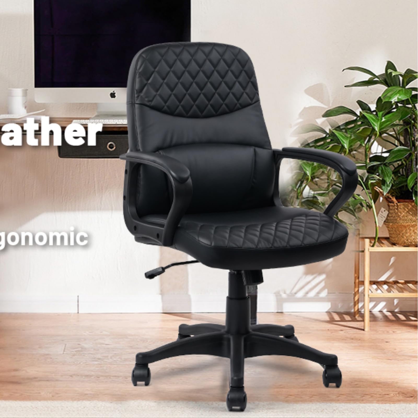 CLATINA Office Chair - Mid Back Leather Computer Desk Chair with Wheels, Ergonomic Executive Swivel Chair with Lumbar Support, Armrest for Home Office Black, 2 Pack