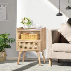 Lerliuo Rattan Nightstand with Charging Station, Boho Side Table with Drawer Open Shelf, Cane Accent Bedside End Table with Solid Wood Legs for Bedroom, Dorm and Small Spaces