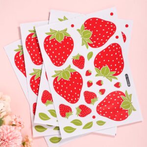 4 Sheets / 92pcs Strawberry Wall Decals, Removable Cute Fruit Wall Stickers for Girls Bedroom Dorm Dining Room Kitchen Bathroom Waterproof Decor