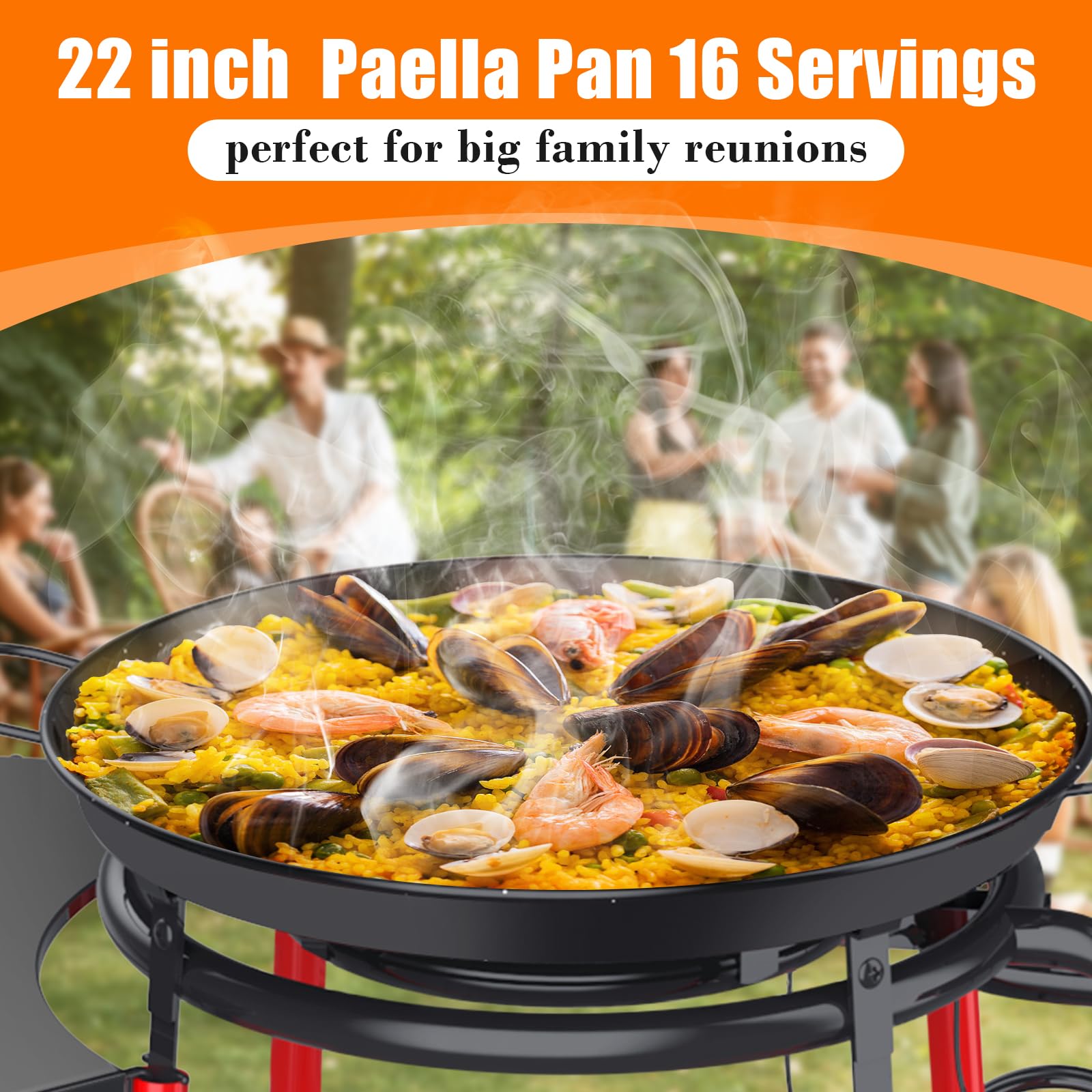 GRILL FORCE 22 Inch Paella Burner and Stand Set,Paella Pan Set,22 Inch Paella Pan,Paella Burner,Paella Pan and Burner Set,Paellera,Paella Kit with Carry Bag,Built-In Ignitor Regulator Hose,16 Servings