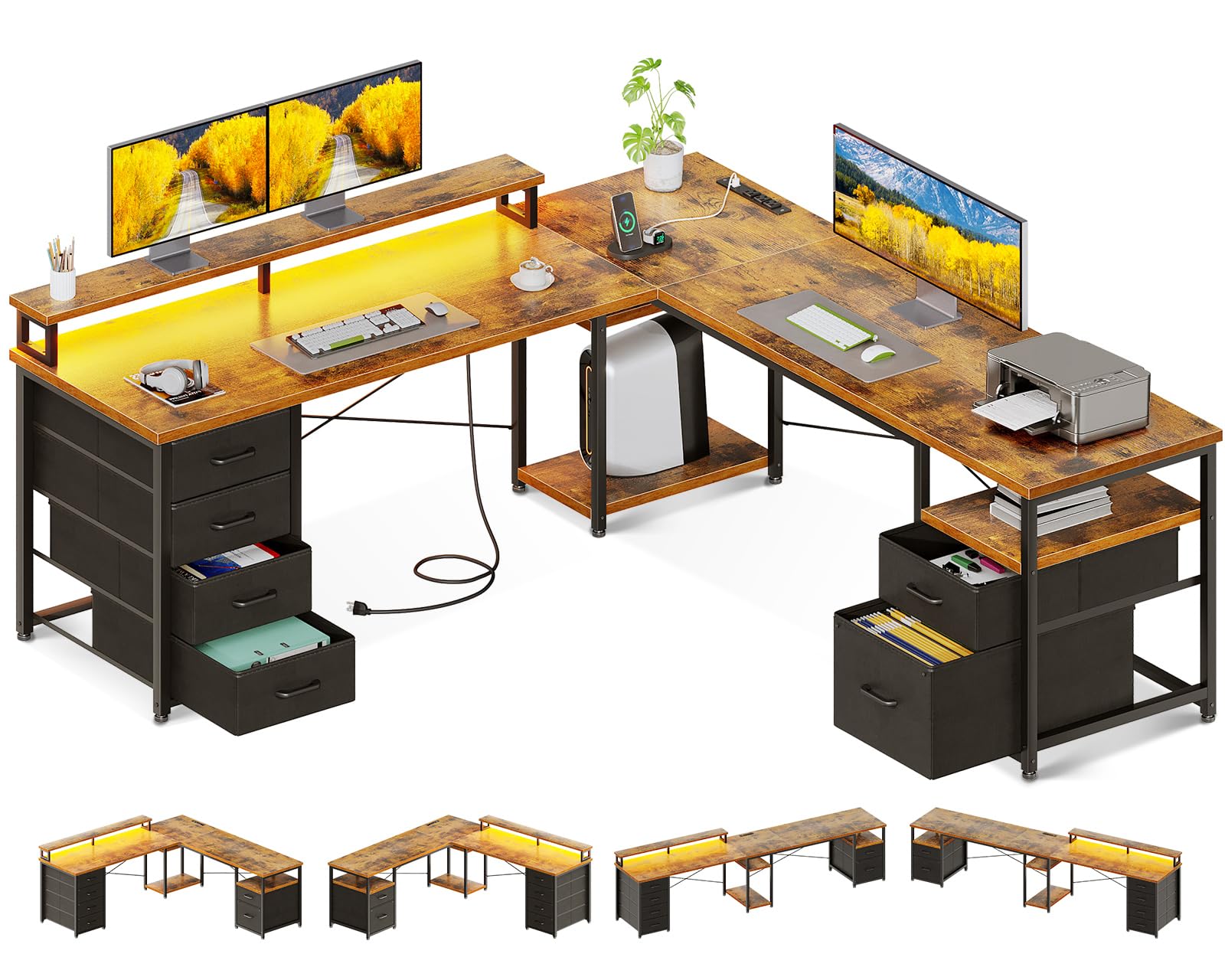 AODK 66" L Shaped Computer Desk, 113“ Reversible Home Office Desk with File Cabinet & 4 Fabric Drawers, Two Person Desk with LED Lights & Power Outlet, Corner Gaming Desk with Monitor Shelf, Vintage