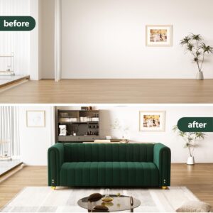 81.3'' Green Velvet Modern Mid Century Deep Seat Sofa, Oversized 3-Seater Loveseat Comfy Couch for Living Room and Apartment Furniture