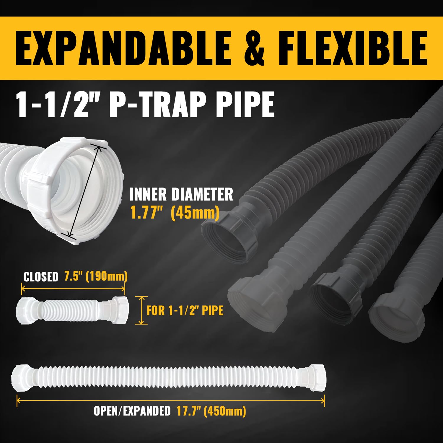 VIVIDA 1-1/2" Sink Drain Pipe Kit, Flexible Sink Drain Pipe P-Trap, 7.5"-17.7" Flexible Sink Drain P-Trap for Bathroom Sink and Kitchen Sink, 1-1/4" Adapter Included, 1 PACK