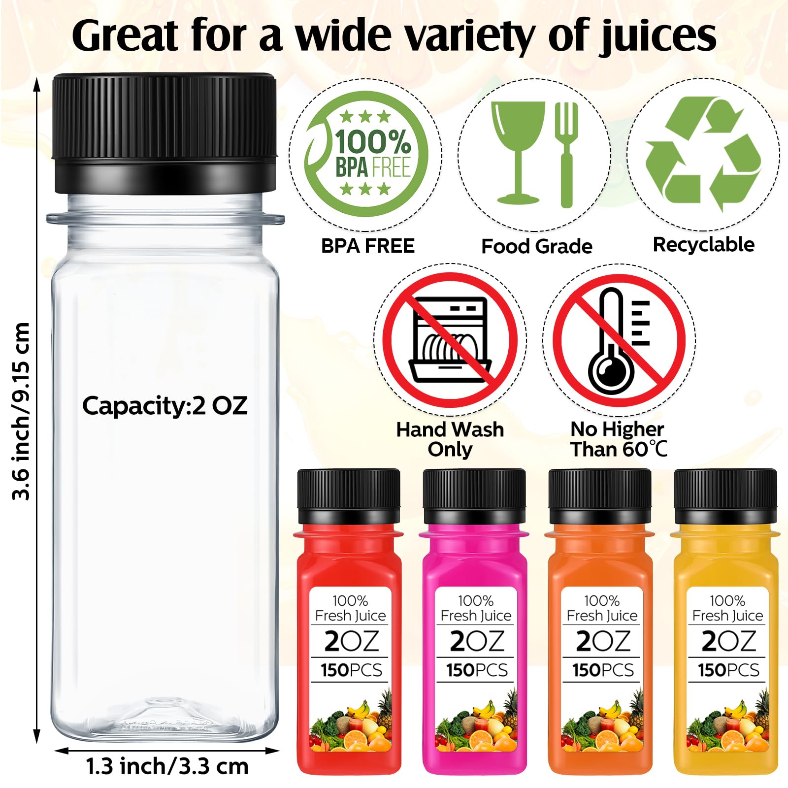 Sliner 150 Pcs 2oz Clear Plastic Bottles Mini Juice Bottle with Black Screw Lid Small Empty Reusable Liquid Vial Freezer Safe Drinking Beverage Container Leak Proof for Juice Milk Water Beverages