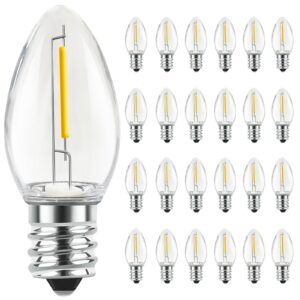 sunsgne c7 led christmas lights outdoor replacement bulbs, 0.6 watt led night light bulbs fits e12 candelabra base socket, e12 led bulb for indoor outdoor decor, warm white 2700k, clear, 25 pack