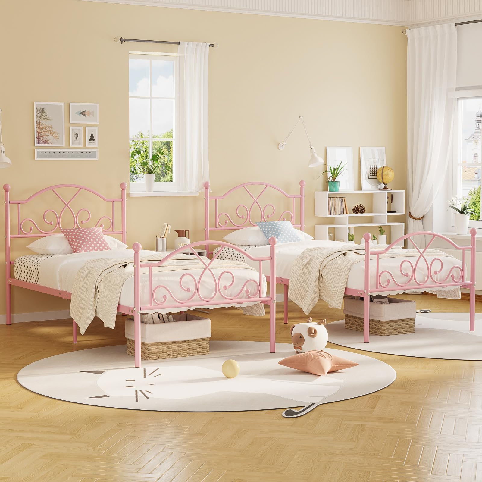 Weehom Twin Bed Frames, Modern Twin Size Metal Bed Frames for Kids Girls, No Box-Spring Needed Twin Platform Bed Frame with Unique Headboard and Footboard, 11.23 Inches Storage Space - Pink