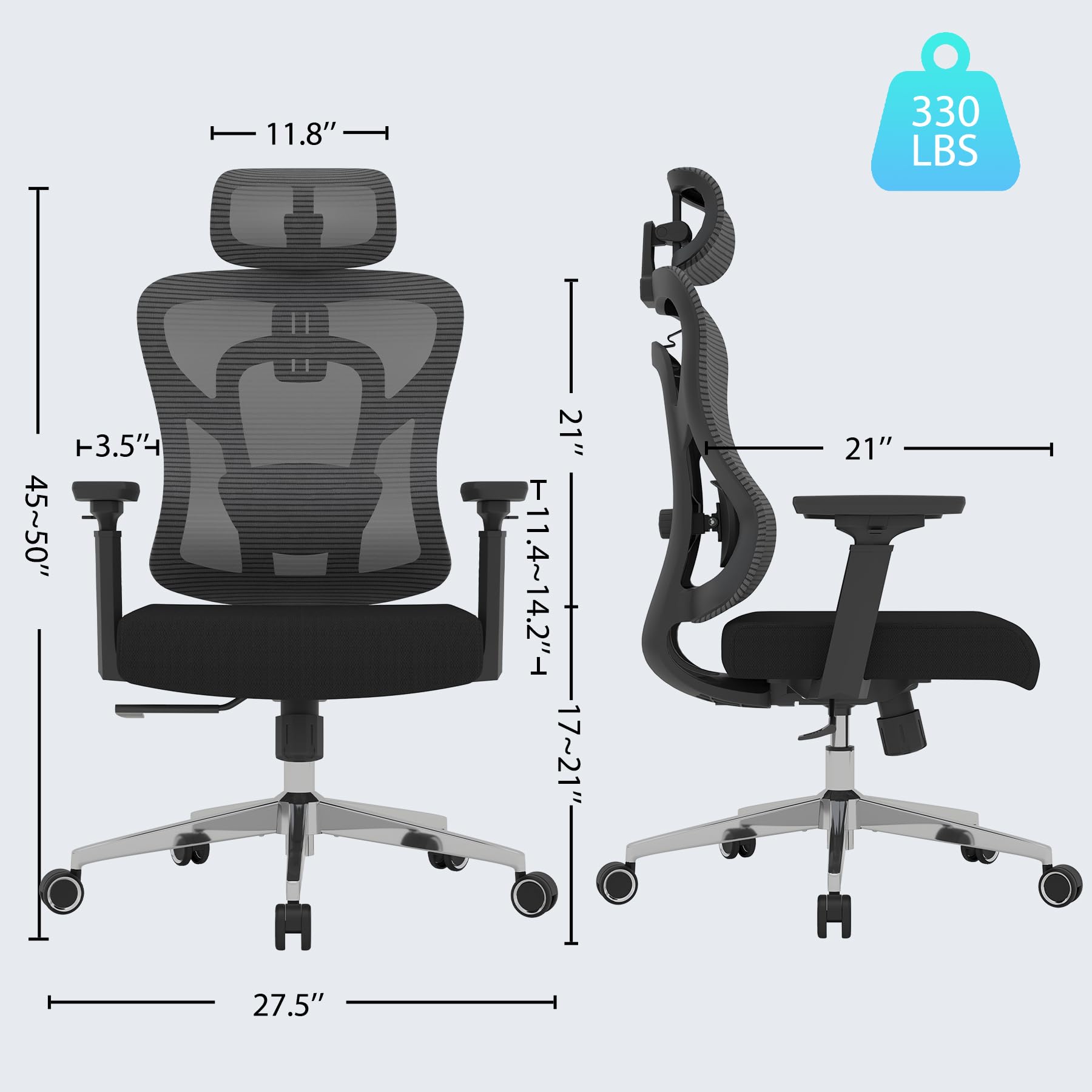 Logicfox Ergonomic Mesh Office Chair, High Back Desk Chair with 3D Armrests, Adaptive Thoracic Support, 3D Lumbar Support & Adjustable Headrest, Home Swivel Computer Chair with Tilt Function