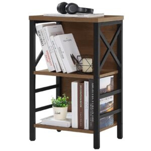 mneetrung small bookcase,3 tier industrial short bookshelf with metal frame and backboard,rustic brown low bookshelf, small office book shelf for small spaces, living room, bedroom and home office