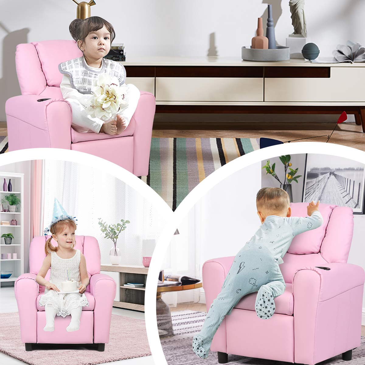 BETTARY Kids Recliner Chair, Children PU Leather Lounge Chair with Adjustable Backrest, Footrest, Headrest & Cup Holder, Toddler Couch for Boys & Girls, Pink