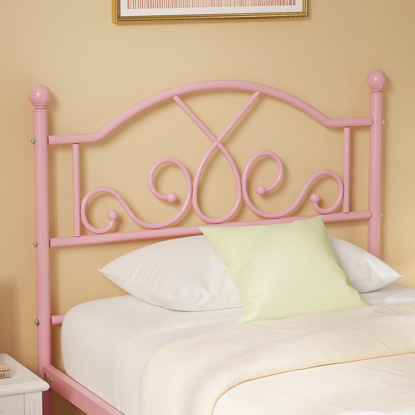 Weehom Twin Bed Frames, Modern Twin Size Metal Bed Frames for Kids Girls, No Box-Spring Needed Twin Platform Bed Frame with Unique Headboard and Footboard, 11.23 Inches Storage Space - Pink