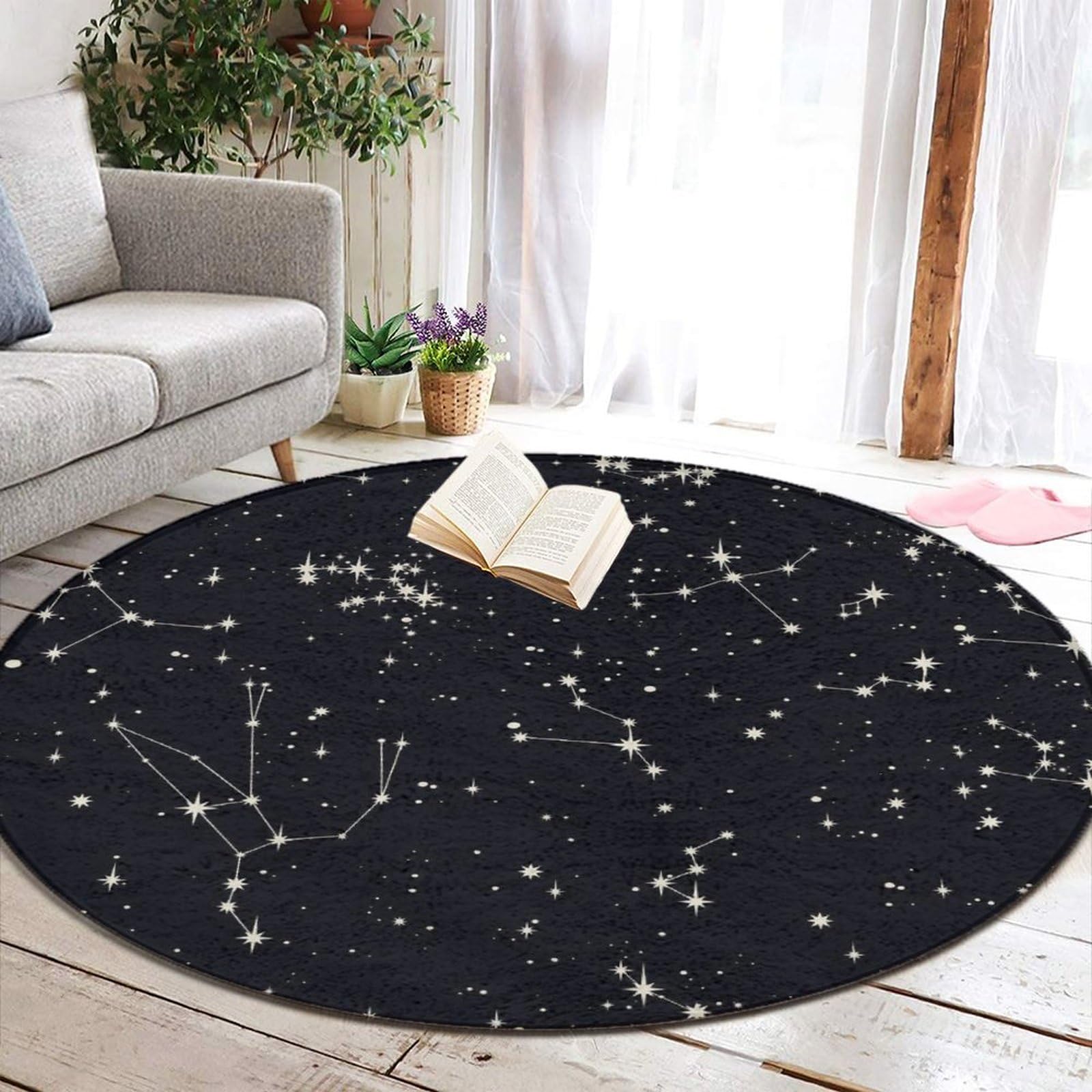 Large Round Bathroom Rug Kitchen Office Circle Rug for Living Room Sofa Bedroom Circle Cute Mat Compatible with Zodiac Constellation Galaxy Black Starry Night Stars Glow Dark Midnight 36inch(90cm)