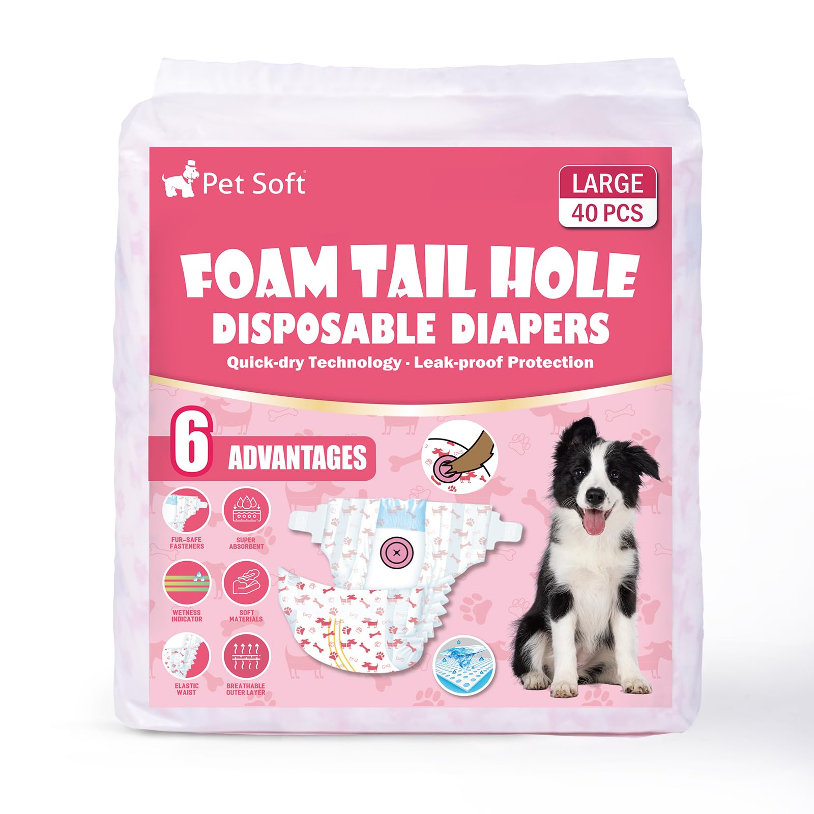 Pet Soft Disposable Dog Diapers - Female Dog Diapers with Adjustable Foam Tail Hole, Ultra Protection Puppy & Cat Diapers Wetness Indicator for Dogs in Heat or Incontinence, 40pcs (L,Red)