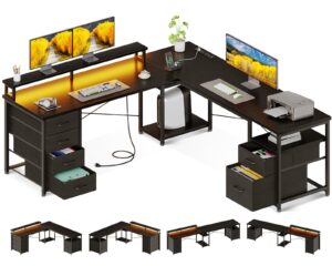 aodk 66" l shaped computer desk, 113“ reversible home office desk with file cabinet & 4 fabric drawers, two person desk with led lights & power outlet, corner gaming desk with monitor shelf, black