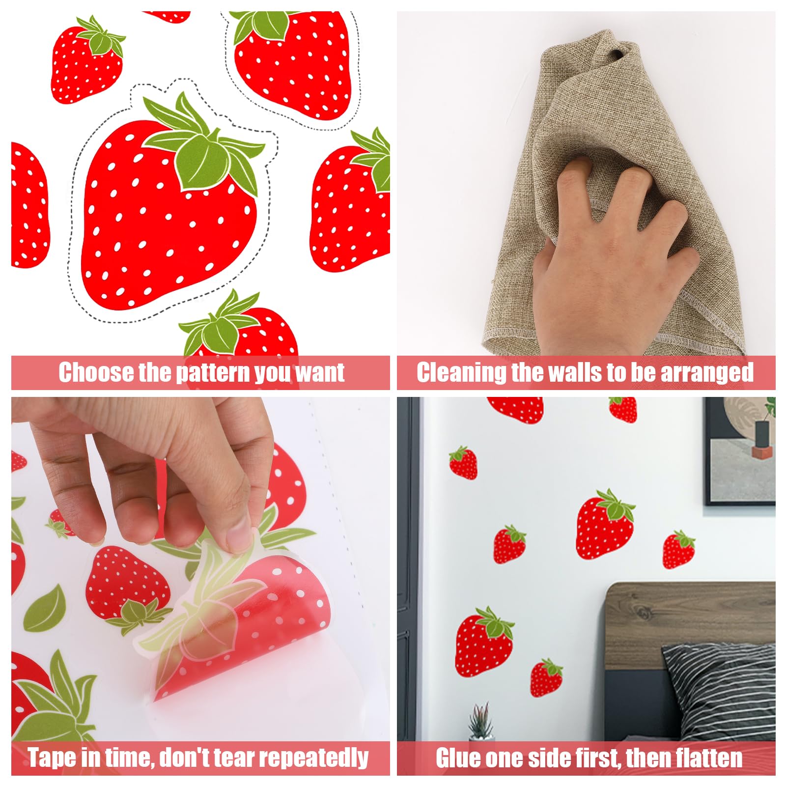 4 Sheets / 92pcs Strawberry Wall Decals, Removable Cute Fruit Wall Stickers for Girls Bedroom Dorm Dining Room Kitchen Bathroom Waterproof Decor