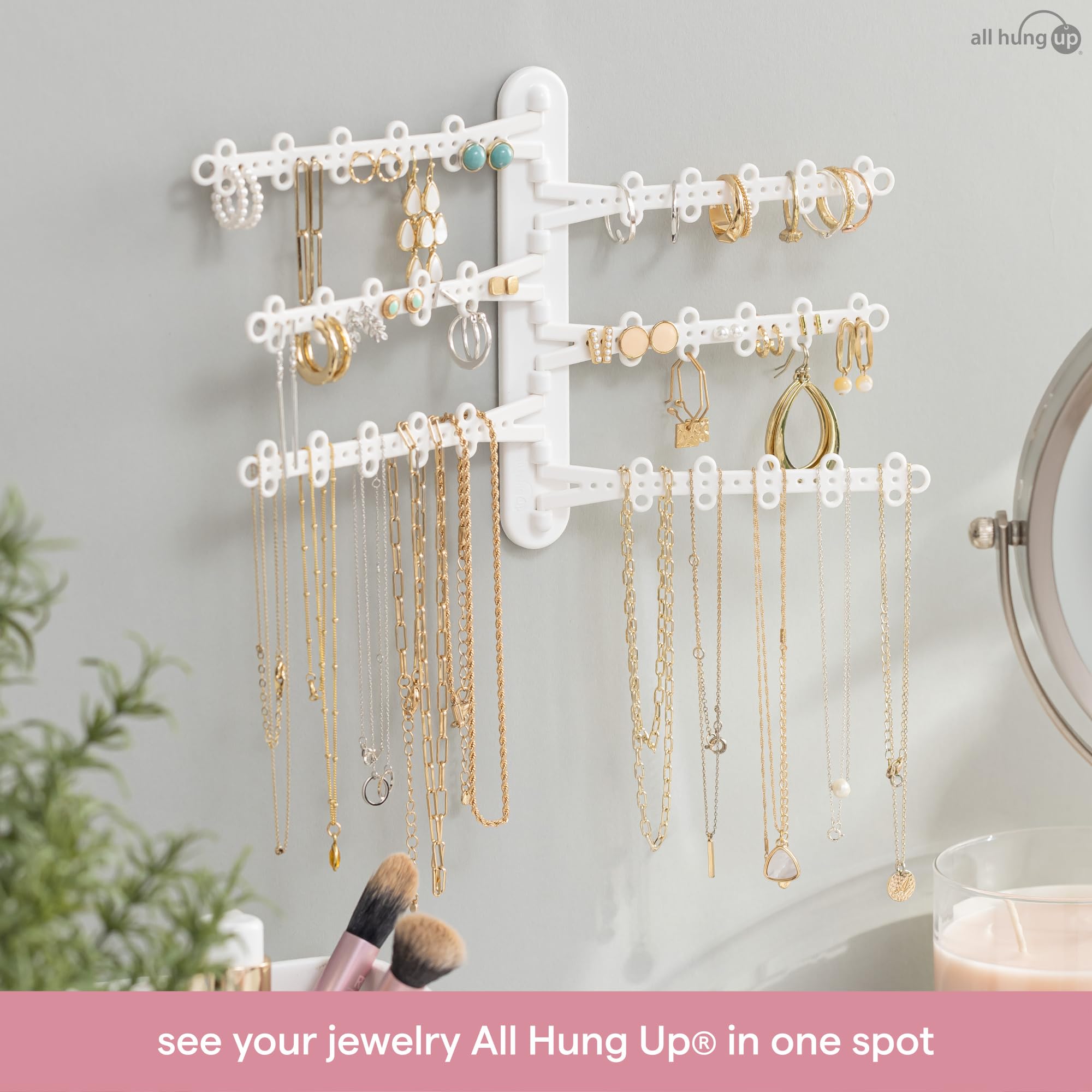 All Hung Up 6-Tier 6" Wall Jewelry Organizer, Command Strips included for Easy Hanging, 120 Hole Earring Organizer, Necklace Organizer, Bracelet Holder, Ring Holder, Rotating Branches, White