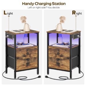 YATINEY Nightstands with Charging Station, Night Stand with LED Lights, Side Table with 2 Non-Woven Drawers, End Table Bedroom, Bedside Tables for Bedroom, Rustic Brown and Black ET12BR