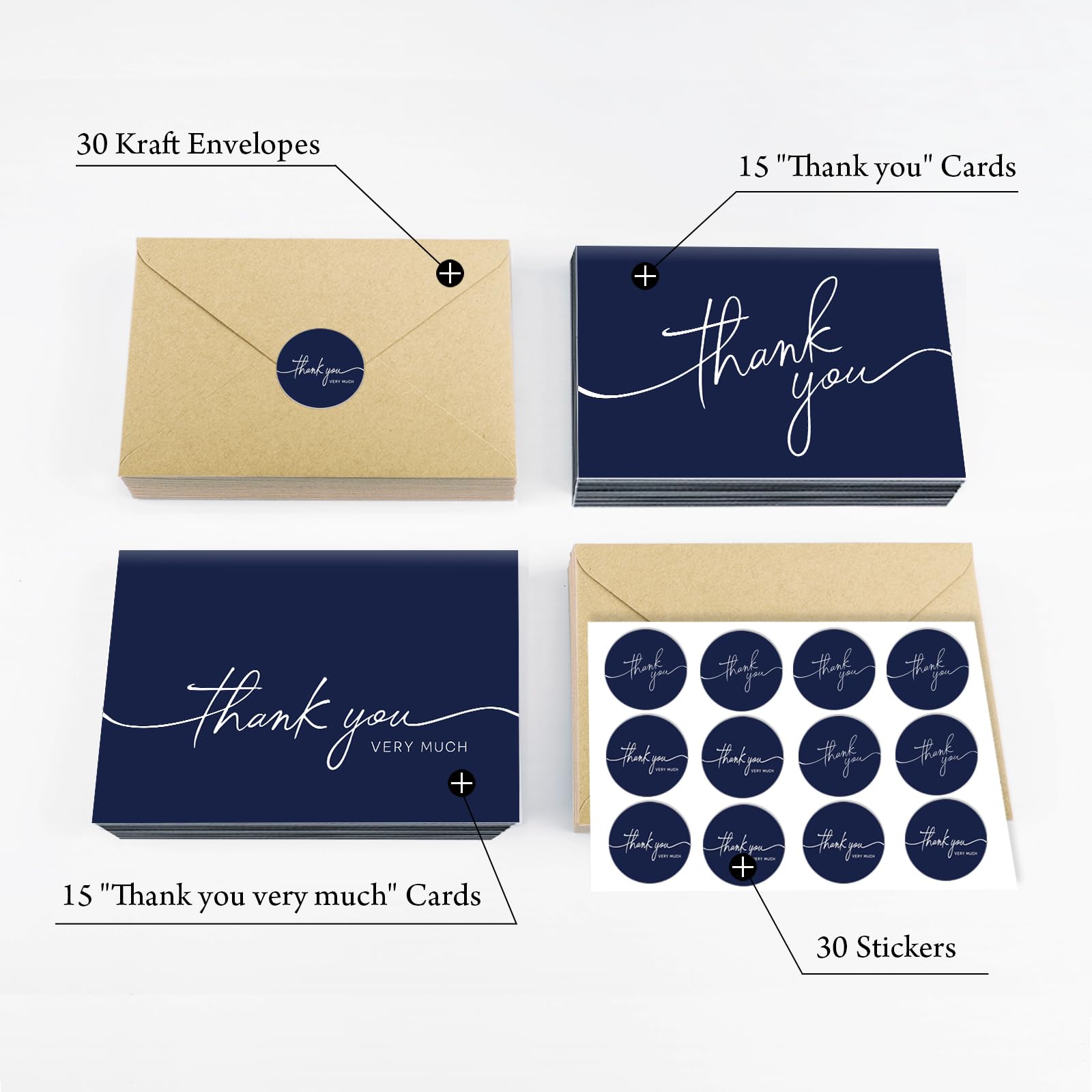 BGTCARDS 30 Pack Thank You Cards with Envelopes, Navy Blue Thank You Cards, 4" x 6" Classy Thank You Card for Business, Baby Shower, Wedding, Small Business, Graduation, Bridal Shower