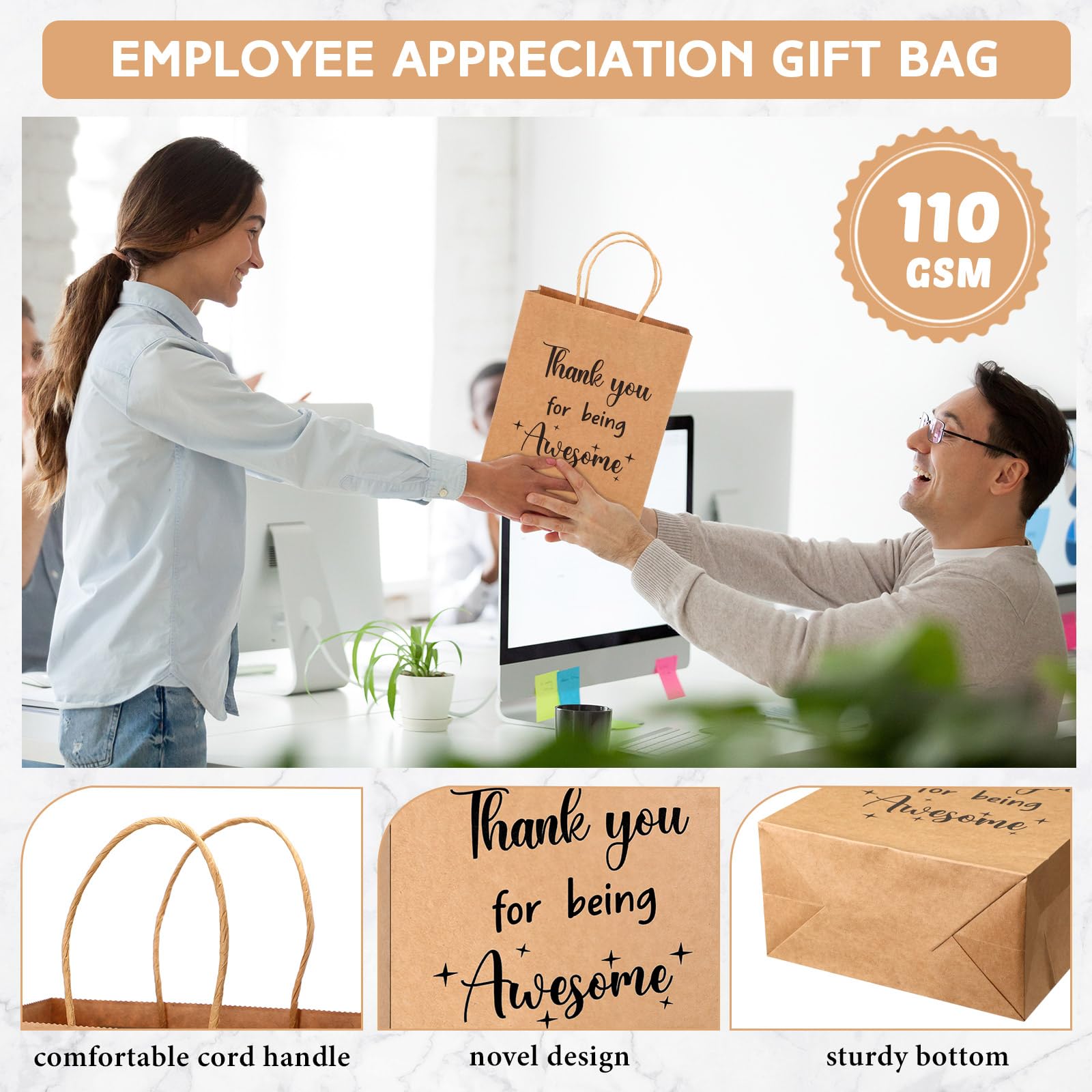 Ctosree 20 Pcs Gift Paper Bags for Employee Coworker Colleague Thank You for Being Awesome Bags with Handles Thank You Gift Bags for Colleague Employee (8.3 x 4.3 x 10.6 Inch, Kraft Paper)