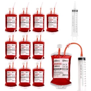 unimeix 10 pack halloween blood bags for drinks, fake blood drink pouches reusable juice drink iv bag for vampire party theme party halloween decoration