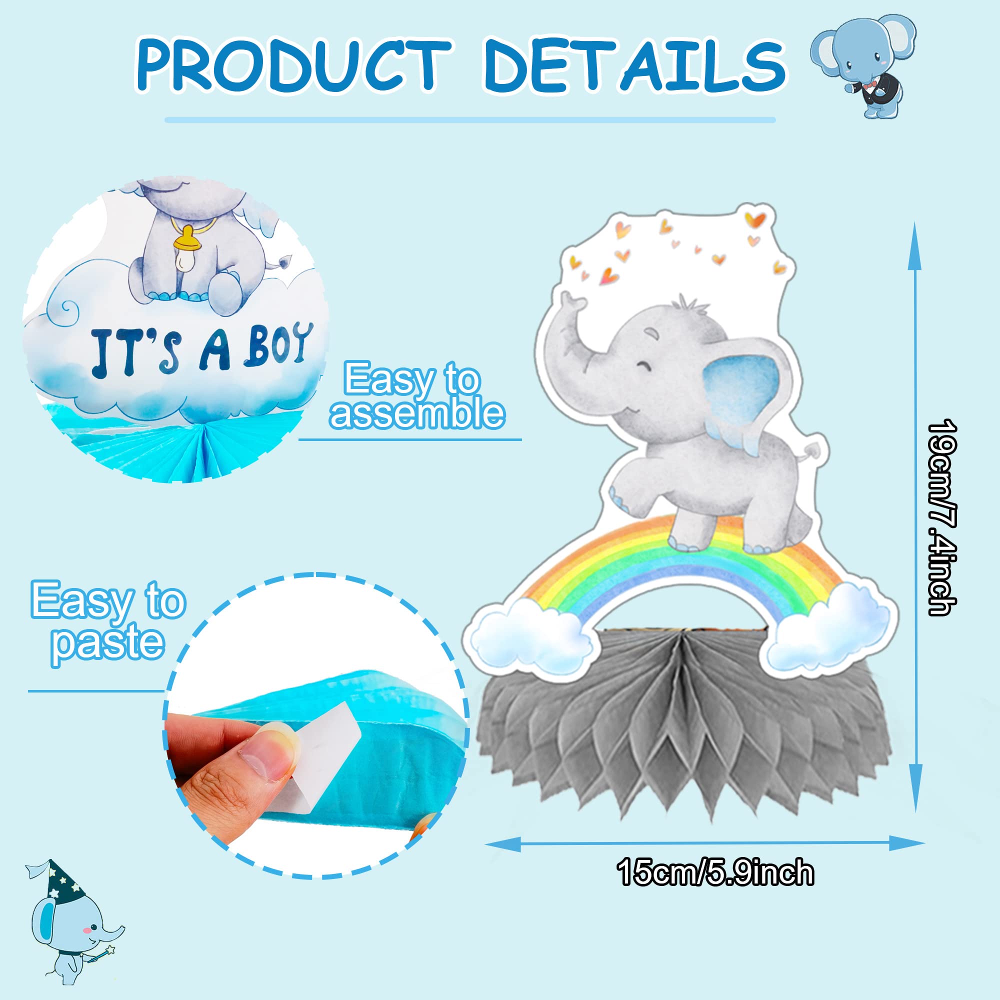 9pcs Blue Elephant Honeycomb Centerpieces Elephant Baby Shower Decorations for Boy Elephant Baby Shower Centerpieces Birthday Party Supplies Table Toppers for Elephant It's A Boy Party Favors for Kids