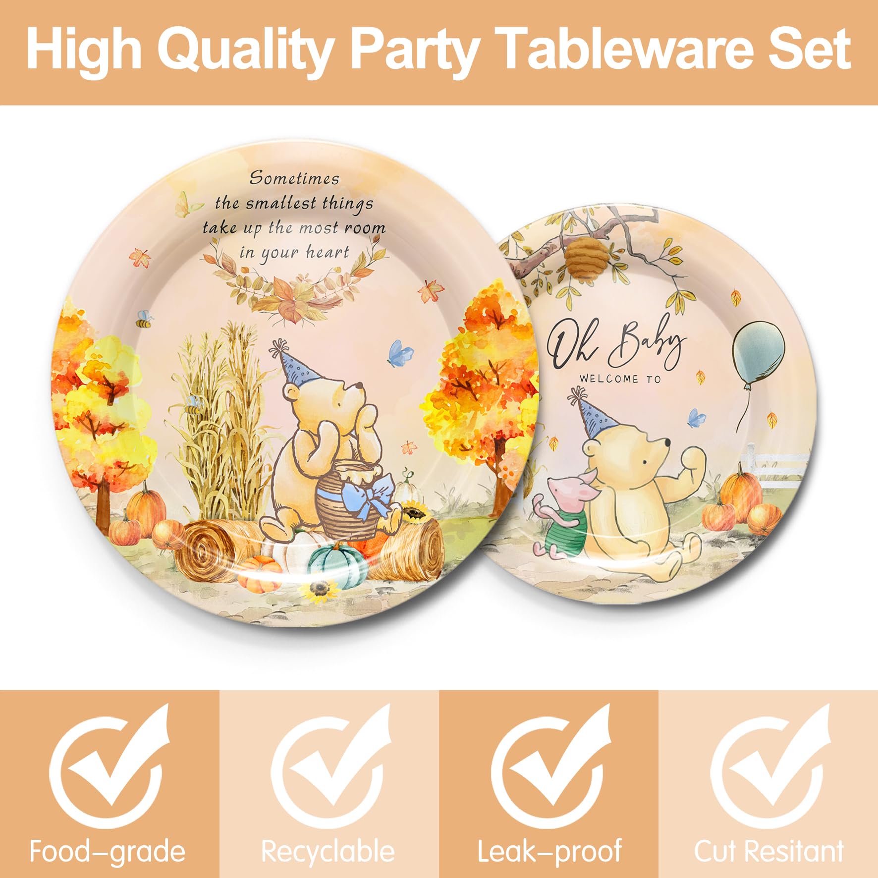 Piooluialy Autumn Winnie Pooh Baby Shower Decorations - Classic Winnie Pooh Party Supplies Include Banner, Tablecloth, Plates, Cups, Napkins, Cutlery, Winnie Thanksgiving Party Supplies | 24 Guests