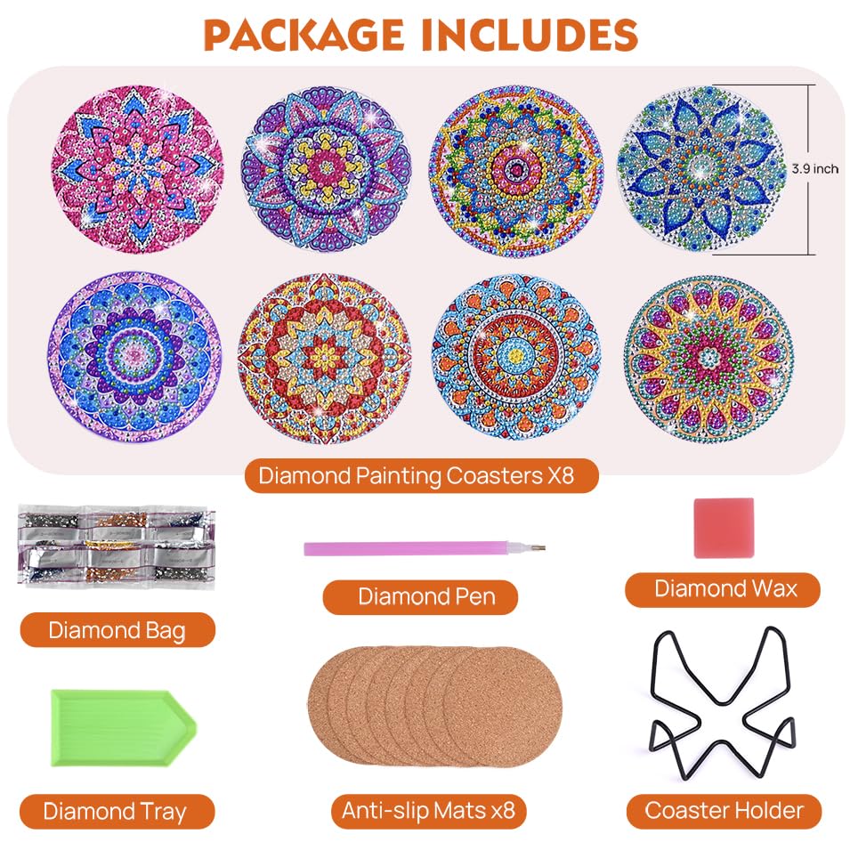 8 Pcs Diamond Art Coasters, Mandala Diamond Painting Kits for Adults Kids Beginners, Diamond Painting Coasters Art Craft Supplies for Birthday Gift