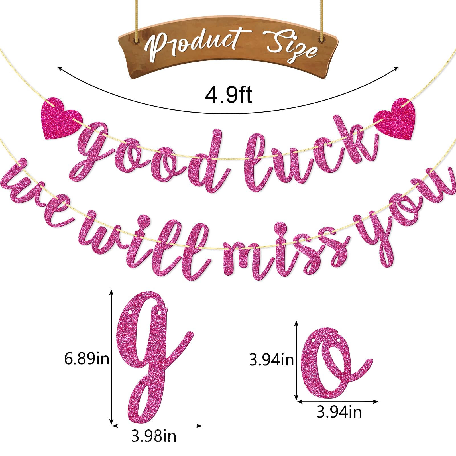 Good Luck We Will Miss You Banner for Farewell Party, Pre-strung Going Away Party Decorations for Graduation Party and Retirement Party, Hot Pink Glitter