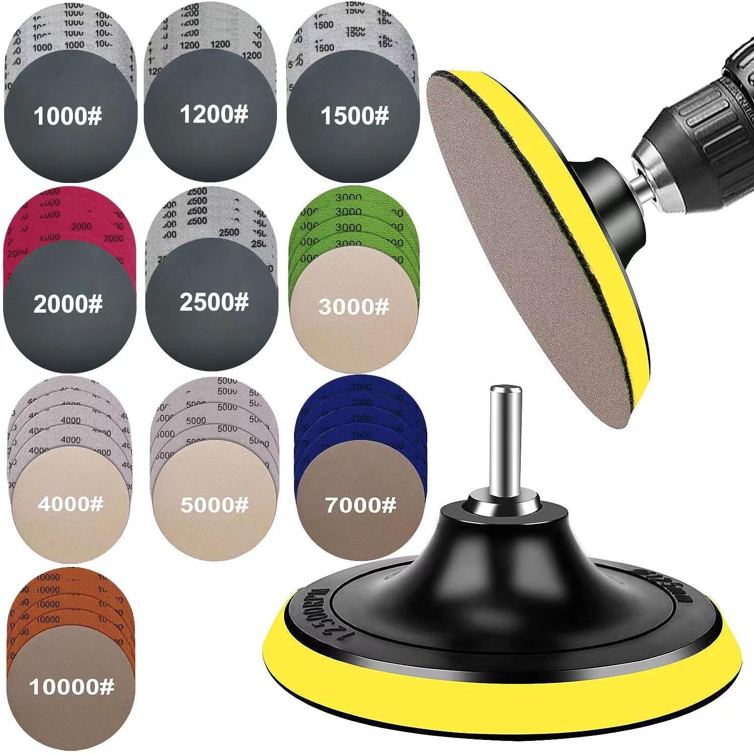 50PCS Water Grit Sandpaper 1000/1200/1500...7000/10000 and 5-inch Backing Pad Set, Wet Dry Electric Hook &Loop Sanding Disc with Pad, Grinding Abrasive Paper and Orbital Sander Polisher