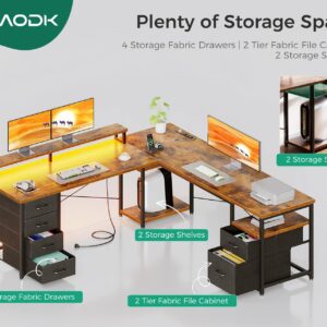 AODK 66" L Shaped Computer Desk, 113“ Reversible Home Office Desk with File Cabinet & 4 Fabric Drawers, Two Person Desk with LED Lights & Power Outlet, Corner Gaming Desk with Monitor Shelf, Vintage