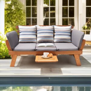 Idzo Amelie Outdoor Daybed Sofa: 750lbs Max Weight Support, Sleeper Chair with Armrest, Coffee Tray, 3 Pillows, FSC Wood, Gray, Ideal for Outdoor Couch