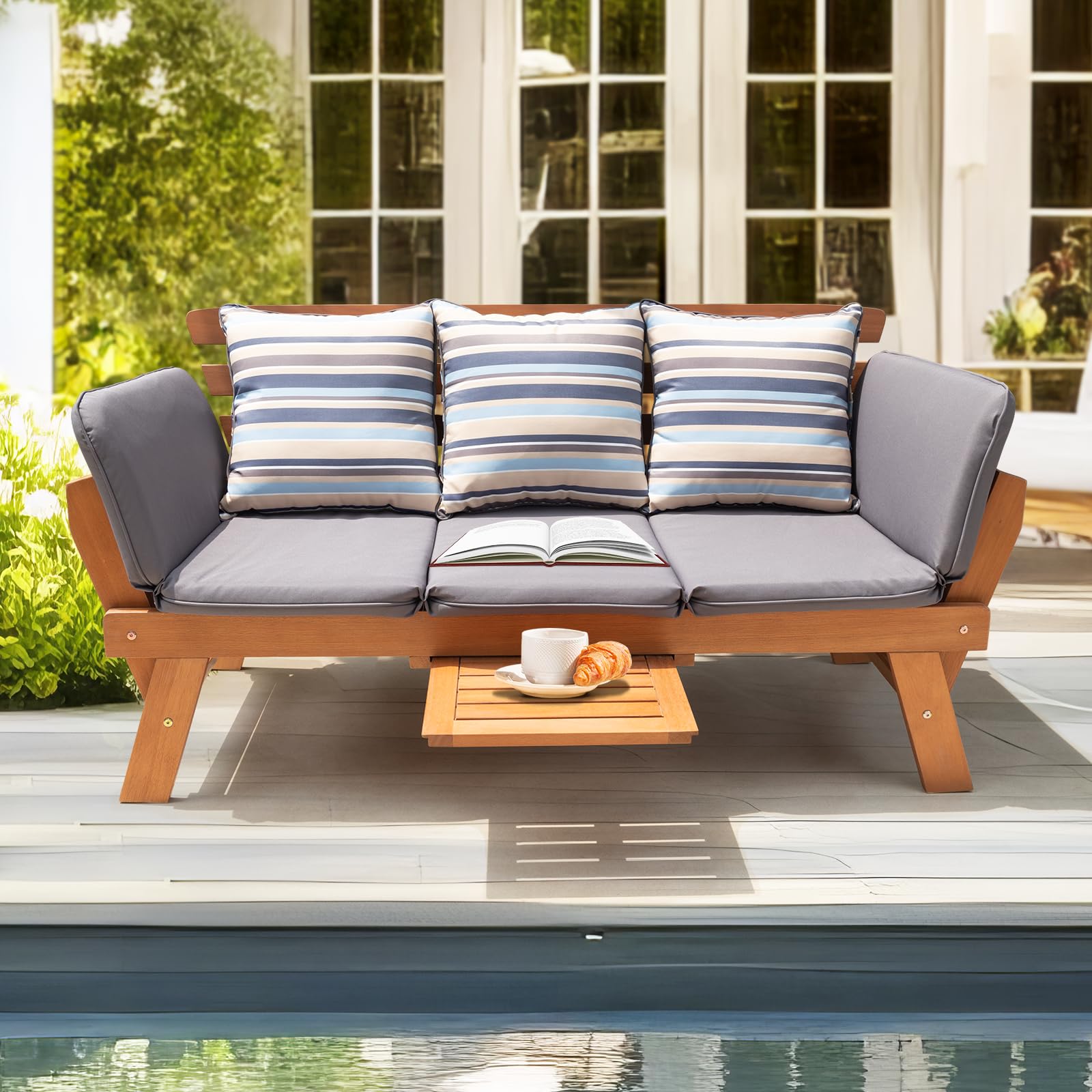 Idzo Amelie Outdoor Daybed Sofa: 750lbs Max Weight Support, Sleeper Chair with Armrest, Coffee Tray, 3 Pillows, FSC Wood, Gray, Ideal for Outdoor Couch