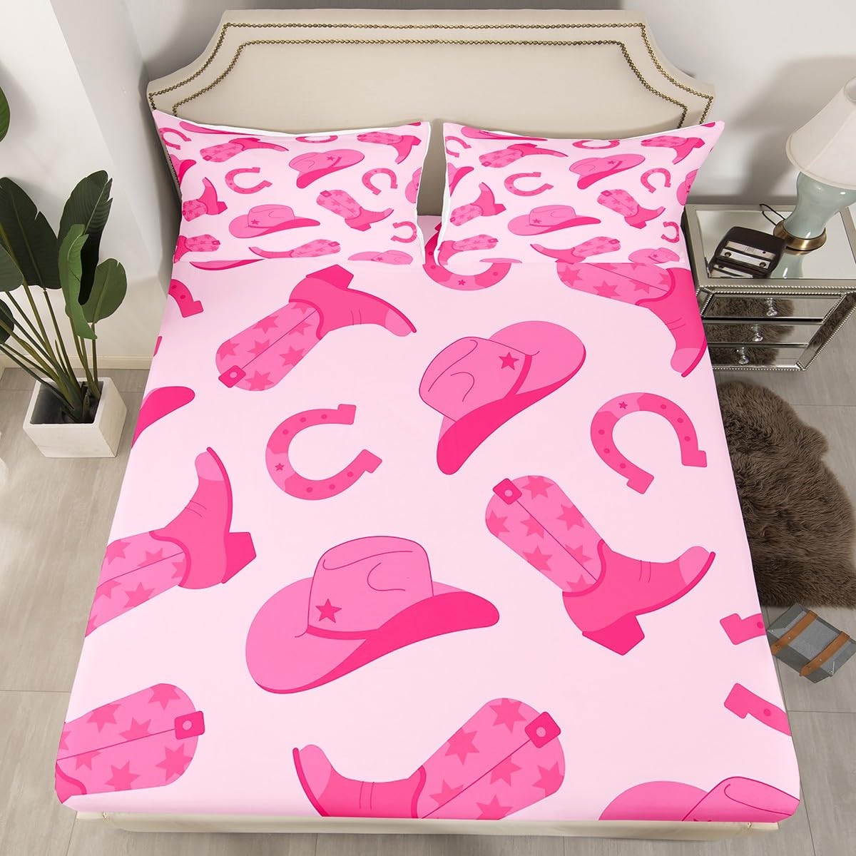 Erosebridal Cowgirl Bed Sheets Cute Kawaii Pink Cowgirl Twin Sheet Set Gifts for Girls Women Cowboy Hat Boots Horseshoe Bedding Set Wild West Cowgirls Fitted Sheet + Flat Sheet + 1 Pillow Case