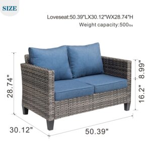 ovios Patio Sofa Loveseat, 2-Seater Outdoor Wicker Rattan Sofa Couch, All Weather High Back Deep Seat Patio Seating with Comfy Cushions for Porch Garden Deck, Denim Blue