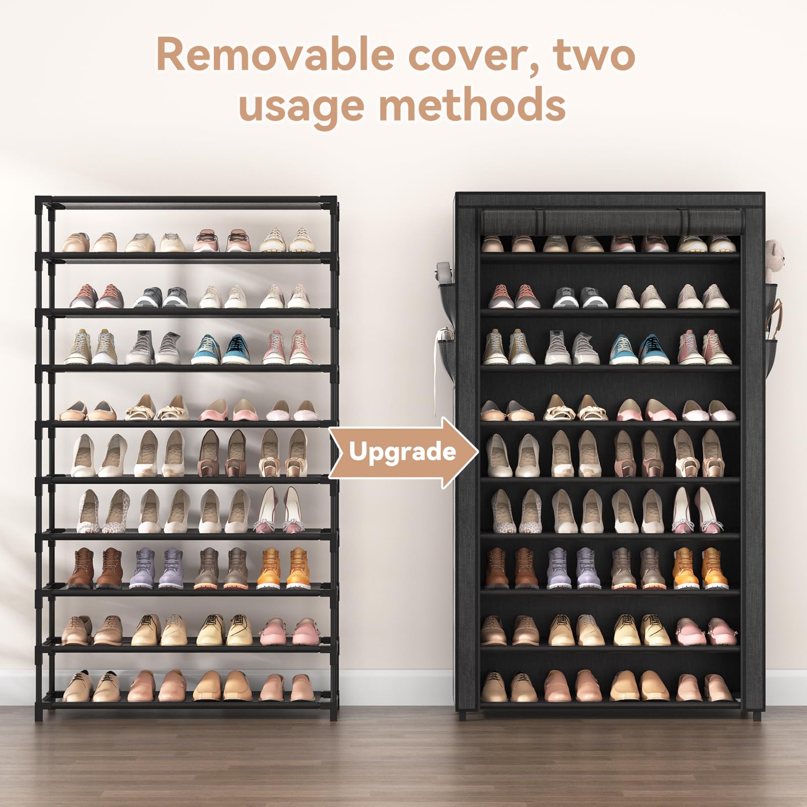 LANTEFUL Shoe Rack with Covers - 10 Tiers Tall Shoe Rack Organizer Large Capacity Shoe Shelf Storage 40 Pairs Space Saving Vertical Shoe Storage Organizer for Closet, Entryway, Dorm, Bedroom