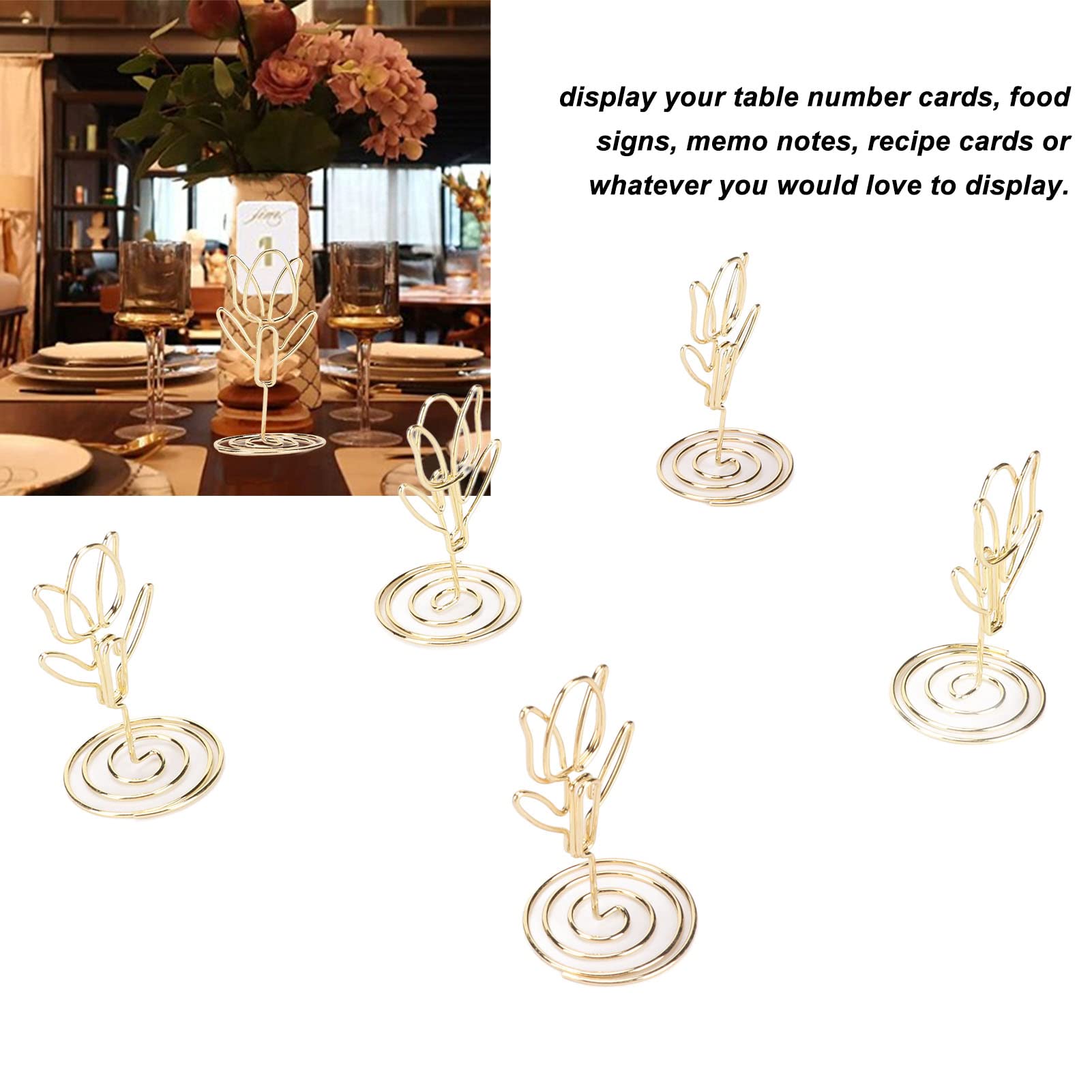 MANMAOHE 25Pcs Gold Table Number Holders Rose Flower Shaped Wire Picture Holder Small Size Table Card Holders Table Number Stands Photo Stand for Centerpieces Wedding Party Birthday