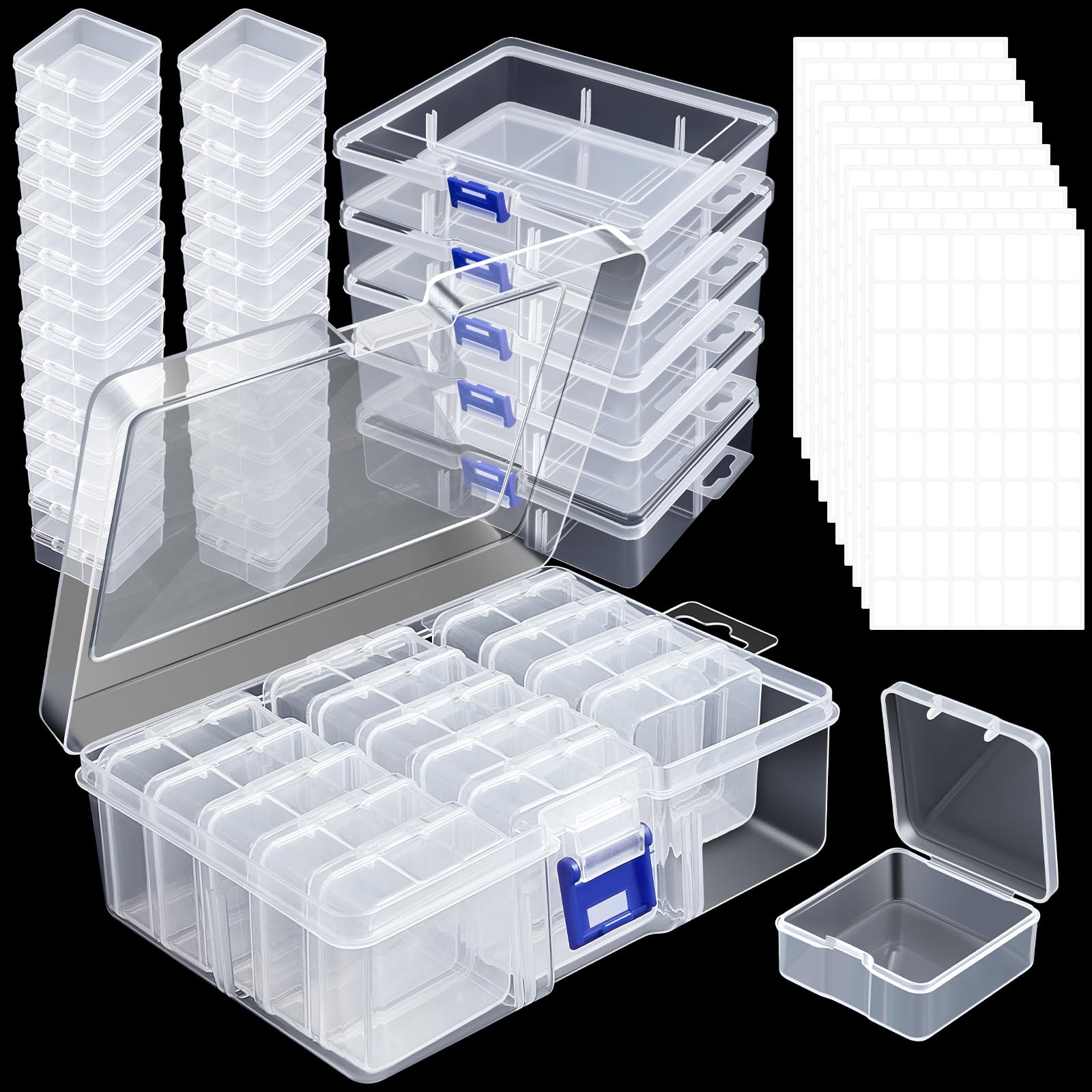 Sliner 96 Pcs Bead Organizer Box Bead Storage Containers Craft Organizers and Storage Plastic Storage Cases with Hinged Lid and Rectangle Clear Case and Stickers for Beads Jewelry Craft Supplies