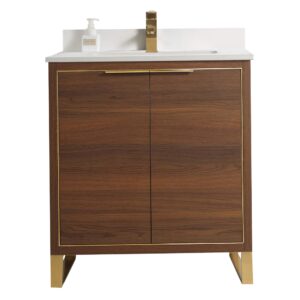 Fine Fixtures Opulence Collection 30 in. W x 18 in. D x 33 in. H Bathroom Vanity in Walnut Ebony with White Matte Sintered Stone Sink - Satin Brass Hardware