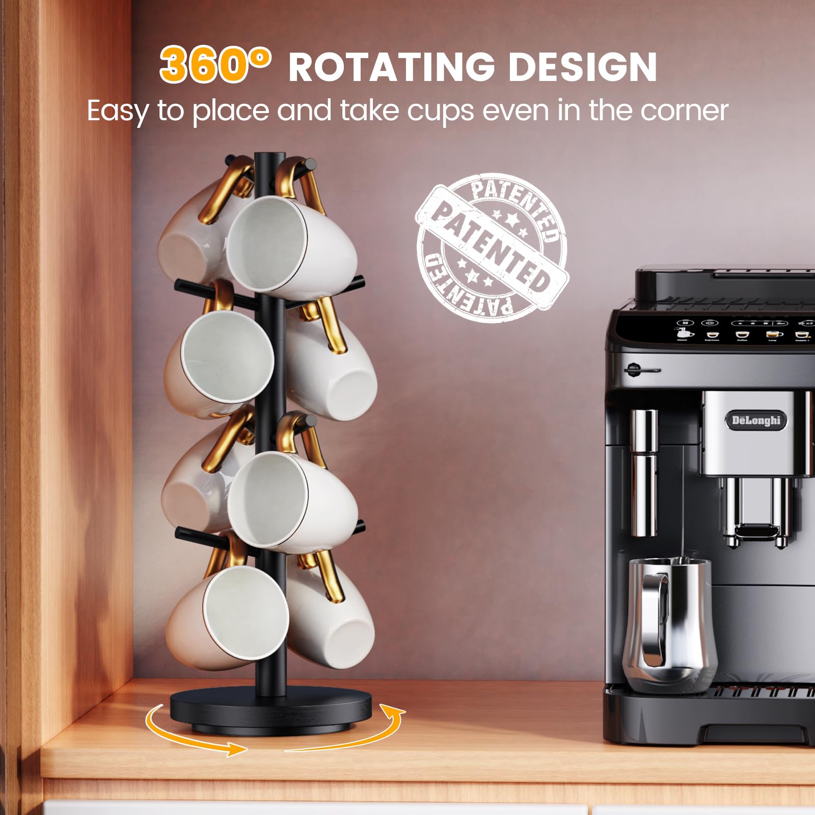 Coffee Mug Holder Tree, Upgraded 360° Rotated Coffee Cup Holder for Counter, Wood Coffee Mug Tree, Coffee Mug Rack with 8 Hooks, Coffee Mug Organizer Station, Mug Stand Coffee Bar Accessories, Black