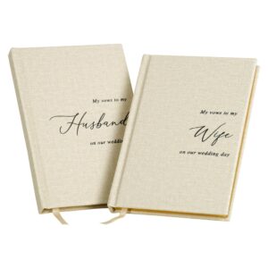 muujee hard cover vow books (set of 2) - cream canvas linen foil embossed wedding ceremony vow renewal speech books, couple gifts for engagement (to my husband/wife)