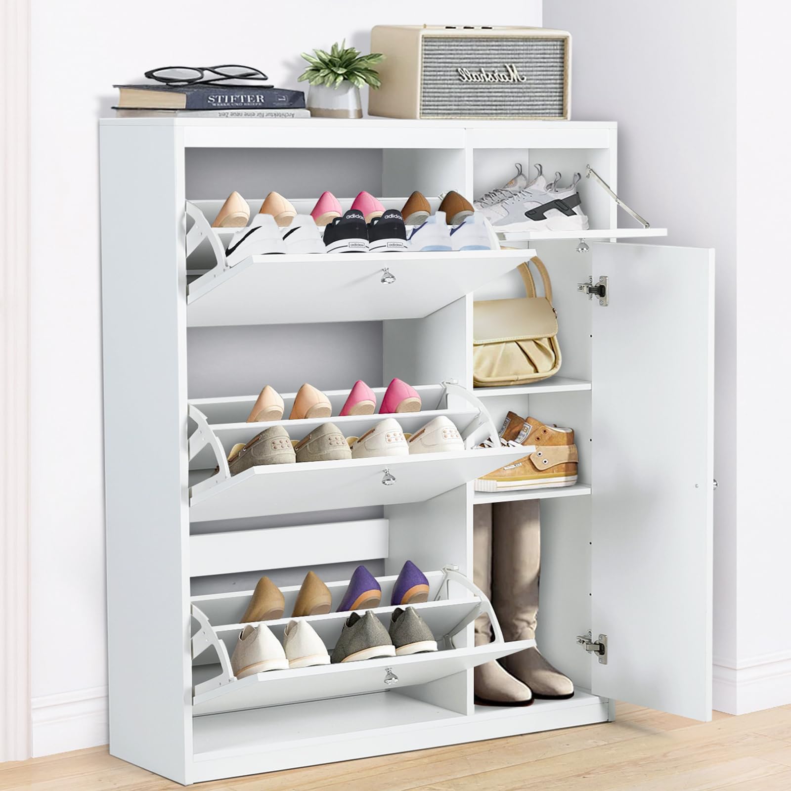 HOPUBUY White Shoe Cabinet for Entryway, Shoe Storage Cabinet for Larger Shoes, Hidden Shoe Organizer with Door, Modern Shoe Storage Cabinet for Men Women's Heels, Boots, Slippers