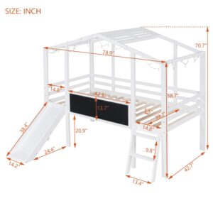 BestLM Twin Size Loft Bed with Slide and Ladder for Kids, Wood Platform Bed House Bed Frame with Blackboard and Sparkling Light Strip on The Roof for Bedroom, No Box Spring Required, White