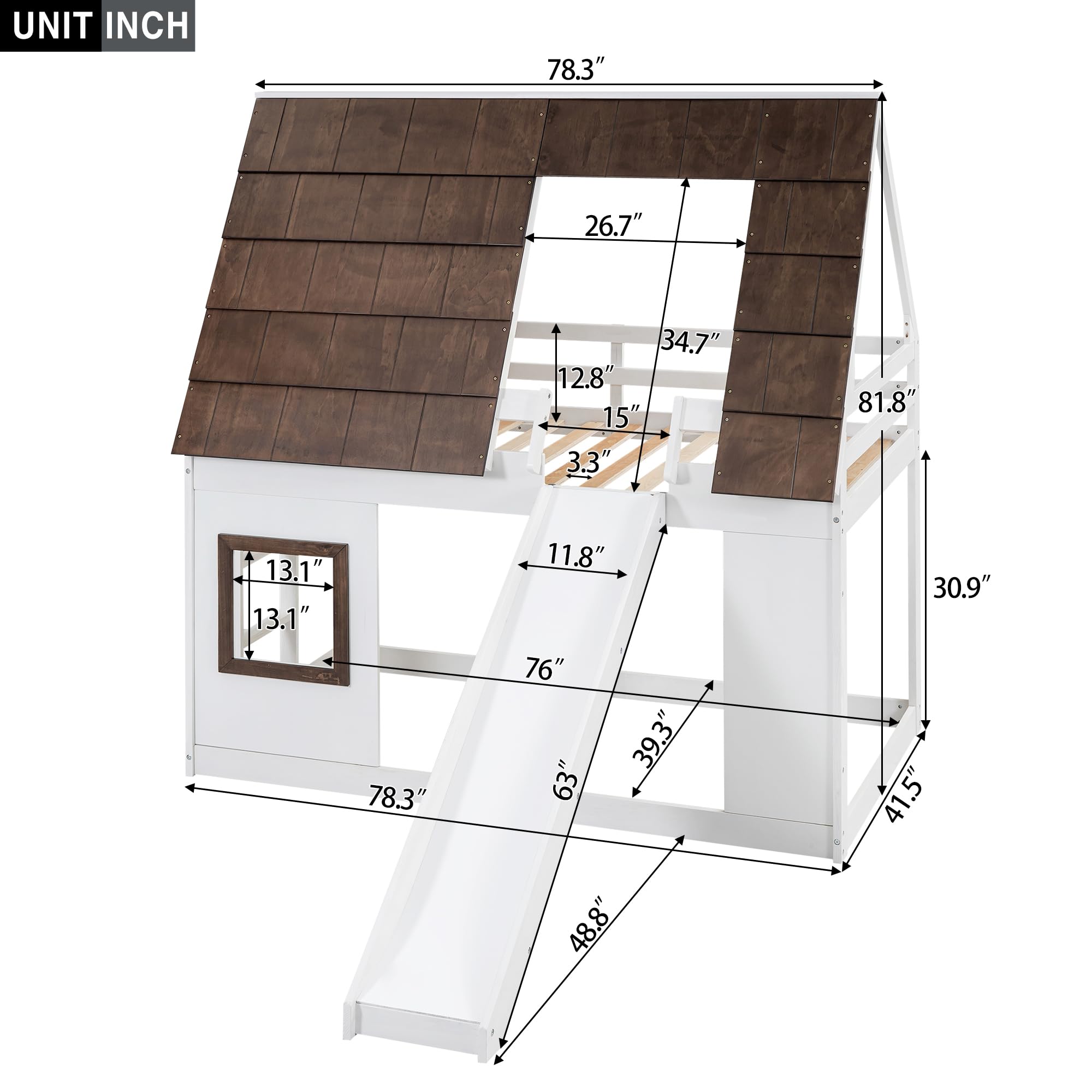 Polibi Wood Twin Size House Shaped Bunk Bed with Brown Roof,Window,Ladder and Slide,Bunkbed Frame for Boys & Girls,White+Brown