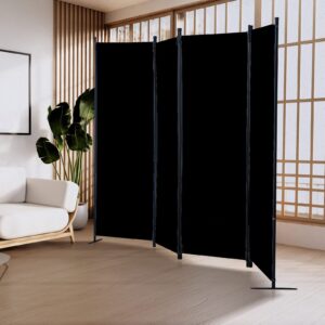 Room Divider 4-Panel Privacy Screen with 3 Support Foot, Portable Screen Steel Frame with Hook&Loop for Home, Office, Classroom, Studio, Meeting Black