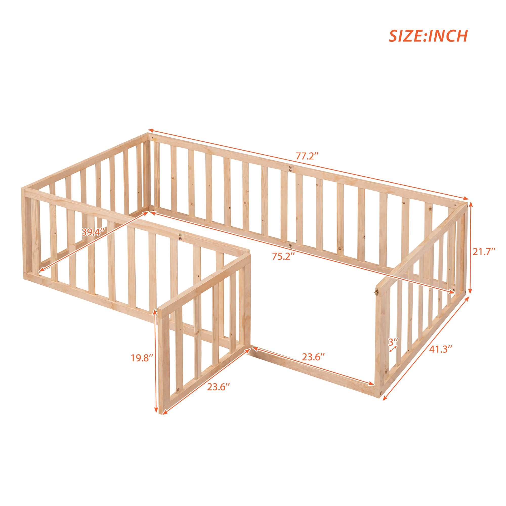 Harper & Bright Designs Twin Floor Bed with Rails, Montessori Floor Bed Wood Frame with Fence and Door, for Kids Girls Boys (Twin Size,Natural)