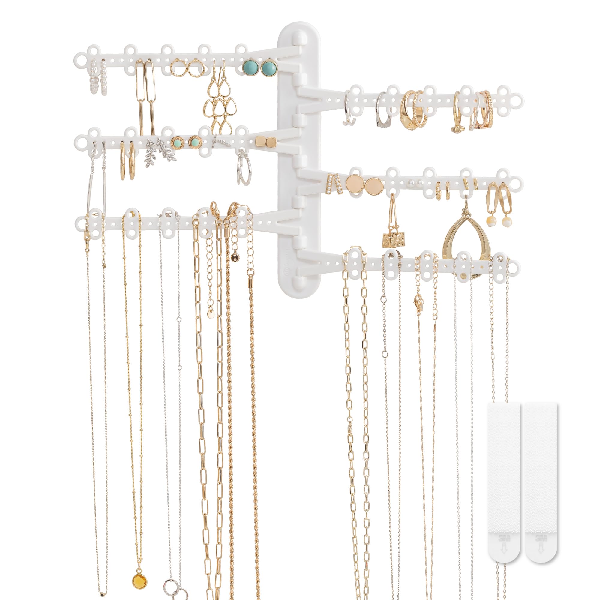 All Hung Up 6-Tier 6" Wall Jewelry Organizer, Command Strips included for Easy Hanging, 120 Hole Earring Organizer, Necklace Organizer, Bracelet Holder, Ring Holder, Rotating Branches, White